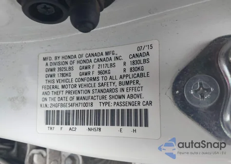 2015 Honda Civic Si z USA, uszkodzony, nr VIN 2HGFB6E54FH710018